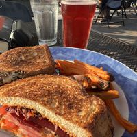 So yum! Beets, carrots, micro greens. Baked sweet potato fries  Kumbucha on tap!  at Cafe Evergreen in Nokomis