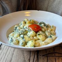 Spinach gnocchi with vegan cream at Hotel Centrum Harrachov in Harrachov