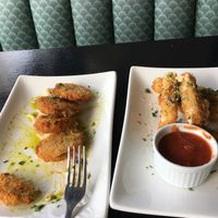 Mozzarella sticks and fried green tomatillos at Anthem Vegan in San Diego