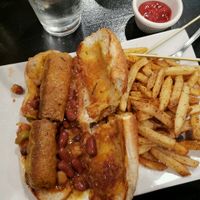 chili dog and fries.   at Anthem Vegan in San Diego