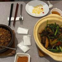 Rice with mushrooms on the left; greens with mushrooms, potatoes and other veg on the right - all delicious!   at Soodle - 蔬稻·素菜 in Guangzhou