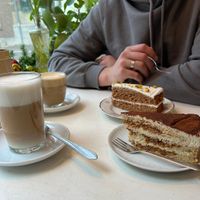 Latte, tiramisu and carrot cake  at KLUTS in Utrecht