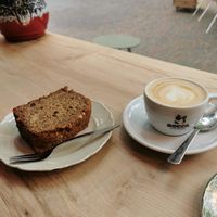 Banana cake (delicious and a huge slice) and oat cappuccino at KLUTS in Utrecht