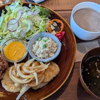 Lunch plate set (with fermented carrot dressing, and sesame soy meat), included rice, soy meat, salad, miso soup, and soy chai! at Additive-free rice 88 - 無添加ごはん88 in Abashiri