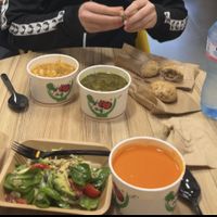 Tomato-bell pepper soup, spinach soup, white beans and salad   at Sonya's Kitchen in Sofia