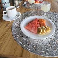 Fruits. Juice. Coffee with almond milk 🥛   at Hotel Miconia Restaurant in San Cristobal