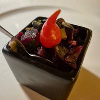 Mise en bouche: apples, beetroot, coriander and tomatoes at Le Vieux Chalet in Champery