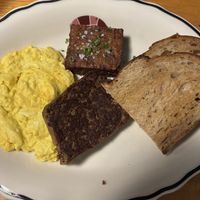 Breakfast platter with yummy eggs. Couldn’t eat the potatoes- Couldn’t even initially identify them. Sausage patty way too salty    at Sally Ann's in Pittsburgh