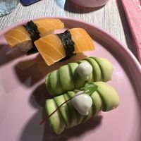 Nigiri with avocado and fake salmonn  at Raito Fantastic Fusion in Milan
