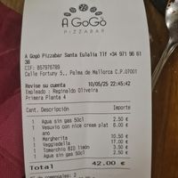 Final bill at A Gogò Pizzabar  in Mallorca