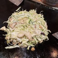 Vegan Okonomiyaki (still cooking)  at Kaisen Monjya Ebizo in Osaka