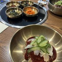 Bibim-naengmyeon with side dishess  at Cahchi Korean BBQ Restaurant in New Malden
