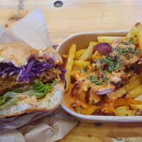 Burger and fries at Monkey Munch in Zurich