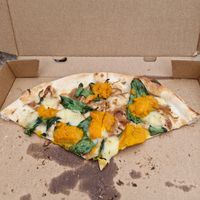 Vegan pizza (pumpkin, spinach, caramelized onion) at Nora's Pizza House in Rye