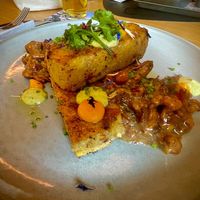 Polenta with mushrooms and vegan mayonnaise, delicious  at Hotel & Restaurant Fines in Santa Magdalena