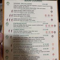 Veggie mains, vegan options clearly labeled. Note how some vegetarian options have an asterisk stating they can be made without diary upon request    at Mi Méjico in Granada