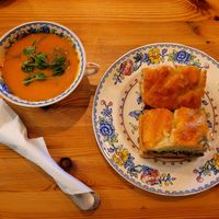 Miso, Carrot & Ginger Soup and Gochu Tofu. at Bae Borth Deli Bar in Porthmadog