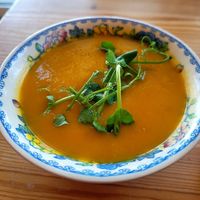 Carrot, Orange, and Fennel Soup. at Bae Borth Deli Bar in Porthmadog