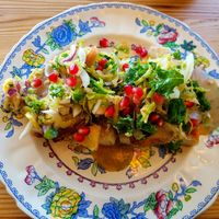Hot Tofurkey (Marinated Tofu, Onion Gravy, Brussels Sprouts Slaw & Red Currant Jelly). at Bae Borth Deli Bar in Porthmadog