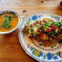 Carrot, Orange, and Fennel Soup and Hot Tofurkey (Marinated Tofu, Onion Gravy, Brussels Sprouts Slaw & Red Currant Jelly). at Bae Borth Deli Bar in Porthmadog