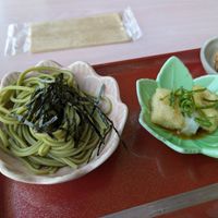 Matcha noodles and agedashi tofu at Vegan Sushi Kyoto in Kyoto