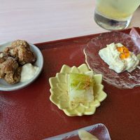 Karaage, pickled rape and yuba at Vegan Sushi Kyoto in Kyoto
