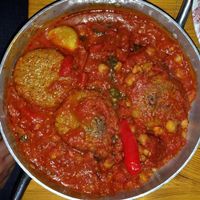 Tofu patties in Moroccan 'hareimeh' spicy sauce  at Nanuchka in Tel Aviv