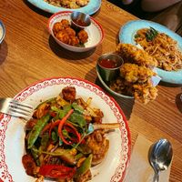 Tofu & Veg cashew stir fry, sweetcorn fritters & kale tempura  at Rosa's  in Leamington Spa