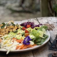 Salad with veggies, tofu and breadd  at My Home Sal in Koh Phayam