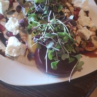 Roasted Beets: toasted pumpkin seeds, pomegranate molasses, pomegranate seeds, micro greens, and lemon tahini sauce w/ vegan garlic & herb cheese at World Cafe Live in Philadelphia