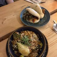 Kimchi udon, mushroom bao  at Roots Cafe Inv in Inverness