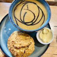Soups of the day- curried parsnip, with a cheese, garlic and paprika scone   at Roots Cafe Inv in Inverness