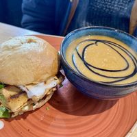 Soups of the day- curried parsnip, with cheese, garlic and paprika scone + TLT (tofu) bagel   at Roots Cafe Inv in Inverness