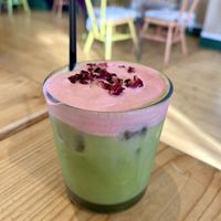 Iced matcha latte with cold rose  foam (special)   at Roots Cafe Inv in Inverness