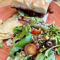 Hummus and mushroom focaccia   at Roots Cafe Inv in Inverness