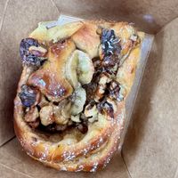 Sticky bun- banana, walnut & maple  at Roots Cafe Inv in Inverness