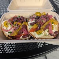 Mediterranean sesame bagel with vegan schmear at Bageletto  in San Francisco