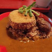 Croqueta con bolas de «carne» hechas con soja con base de curry y arroz at UNO RAMEN - Sanjo in Kyoto
