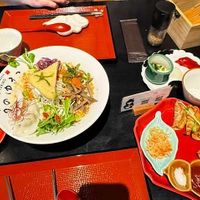 Ramen, potatoecroquettes, fried gyozas, pickled vegetables at UNO RAMEN - Sanjo in Kyoto