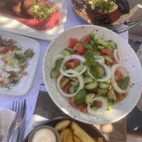 Falafel and beetroot hummus, vegan shackshouksa, village salad (not feta)   at Noma - Latchi in Paphos