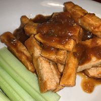 Tofu tornado appetizer (no blue cheese to make it vegan).  The bbq sauce is chunky  at Main Street Bistro in New Paltz