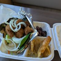 Falafel wrap with olives, pita, and hummus on the side at Arslans Gyros in Quartzsite