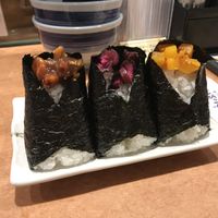 Onigiri on the plate.  at Onigiri Gorichan Tenjin in Fukuoka