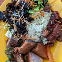 "Chicken rice" rice with 4 options (the mock pork belly is pictured on the right on this plate) at Kwan Tzi Zhai Vegetarian Cuisine 觀自齋 - Geylang in Central Singapore