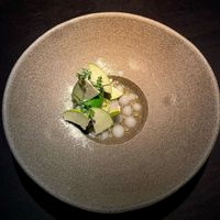 green apple sorbet with white chocolate, freeze-dried apple chips and tarragon  at Pramerl & the Wolf in Vienna