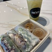 Vegan spring rolls and Sugarcane drink   at Nem Spring Roll Bar  in Dallas