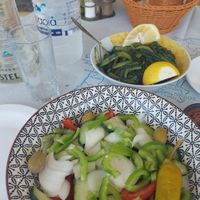 Horta (boiled greens) and Greek salad without feta at Johnny's Grill Taverna in Rhodes
