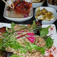Ginger mushrooms. Coconut tofu. Rice vermicelli noodles. Lentils.  at Shankara in Bethlehem
