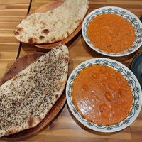 Butter chicken (soy meat), Butter chicken (soy meat) keema, sesame and garlic naan at VOG Kyoto in Kyoto