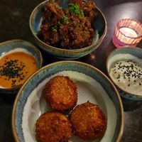 Patato croquetes and fried oyster mushrooms at Heal-thy in Torrevieja